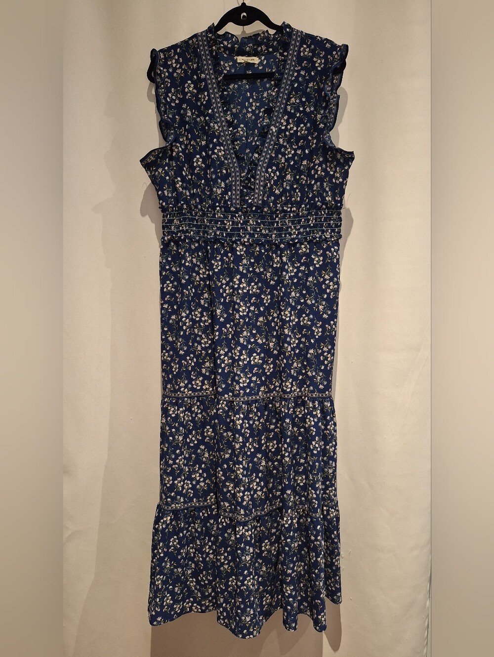 Max Studio Navy Blue Floral Maxi Dress with Ruffle Sleeves